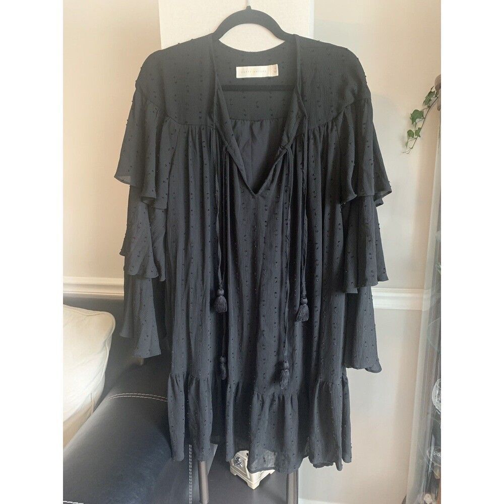 Happy X Nature Swiss Dot Flowy Tiered Black Long Sleeve Boho Dress Size Small